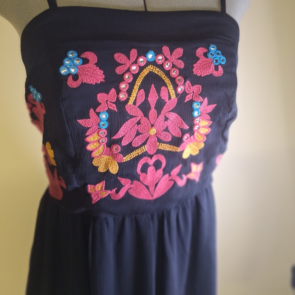 2/$20 Navy Strapless Mini Dress with Pink, Yellow & Blue Embroidery